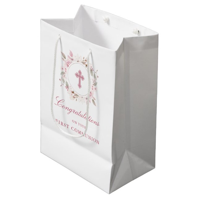 Bolsa De Regalo Mediana Primera Cruz de Flor Rosa Editable De Primera Comu (Angulo Anverso)