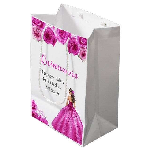 Bolsa De Regalo Mediana Princesa con traje de rosa caliente Quinceanera (Angulo Anverso)