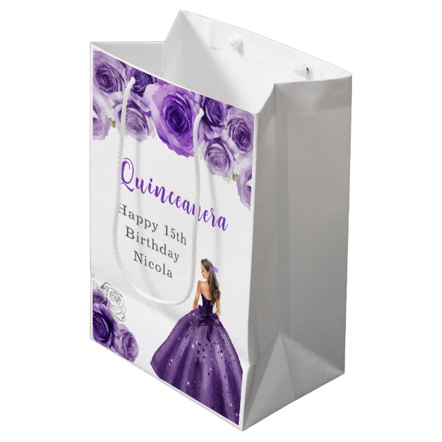 Bolsa De Regalo Mediana Princesa con un vestido morado oscuro Quinceanera (Angulo Anverso)