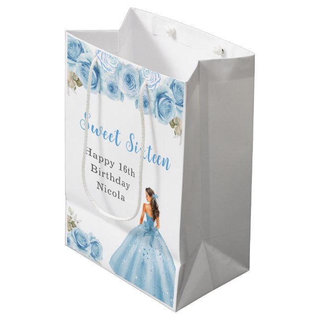 Bolsa De Regalo Mediana Princesa con vestido azul dulce dieciséis cumpleañ (Angulo Anverso)