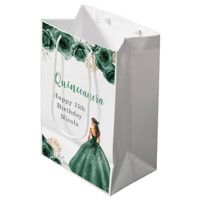 Bolsa De Regalo Mediana Princesa con vestimenta verde oscuro Quinceanera (Angulo Anverso)