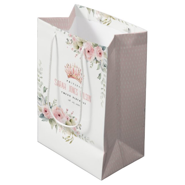 Bolsa De Regalo Mediana Princesa Rosa Corona Floral Tiara Cumpleaños (Angulo Anverso)