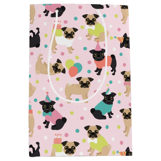 Bolsa De Regalo Mediana Pug Birthday Party Celebration (Anverso)