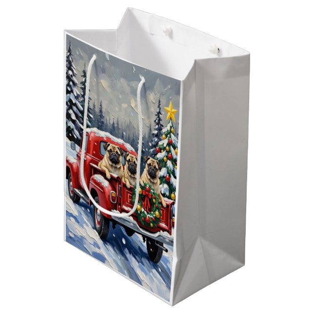 Bolsa De Regalo Mediana Pug Christmas Red Truck Holiday (Angulo Anverso)