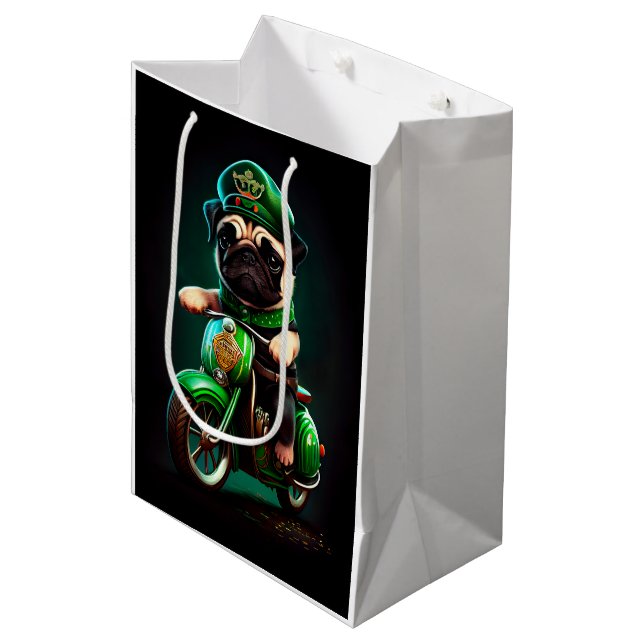 Bolsa De Regalo Mediana Pug Dog Driving Bike St. (Angulo Anverso)