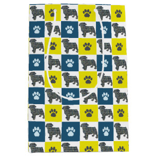 Bolsa De Regalo Mediana Pug Dog & Paw Líneas de Cuadrícula Amarillas y Azu