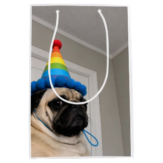 Bolsa De Regalo Mediana Pug gruñón con sombrero de fiesta de cumpleaños de