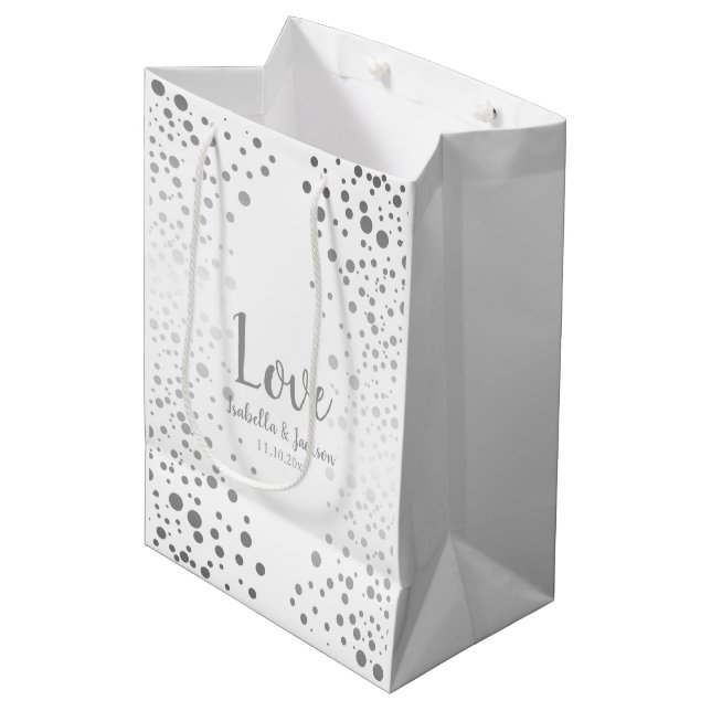Bolsa De Regalo Mediana Puntos de confetti blancos y plateados (Angulo Anverso)