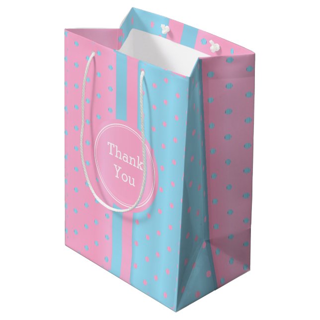 Bolsa De Regalo Mediana Puntos Pastel de Polka Azul Rosa y Bebé - Gracias (Angulo reverso)