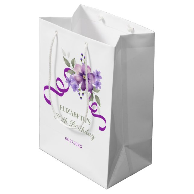 Bolsa De Regalo Mediana Purple Flower Greenery Ribbon Birthday (Angulo reverso)