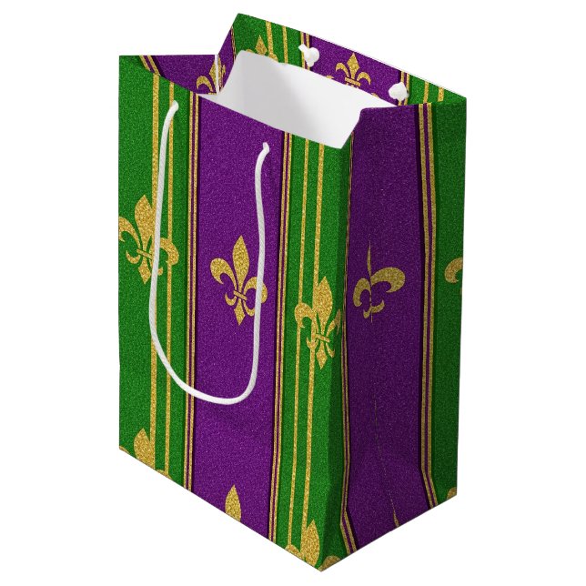 BOLSA DE REGALO MEDIANA PURPLE GREEN GOLD GLITTER LOOK MARDI GRAS (Angulo Anverso)