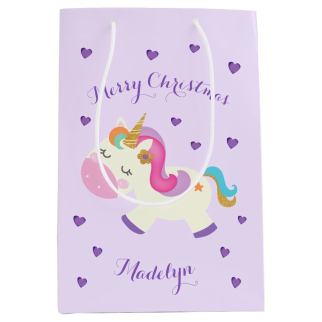 Bolsa De Regalo Mediana Púrpura Purpurina de Navidades de Rainbow Unicorn (Anverso)