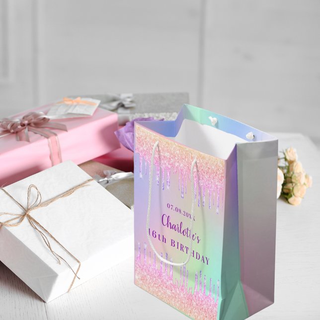Bolsa De Regalo Mediana Purpurina arcoiris de cumpleaños gotea monograma r (Subido por el creador)