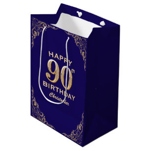 Bolsa De Regalo Mediana purpurina azul y oro de la Marina de los 90 Años