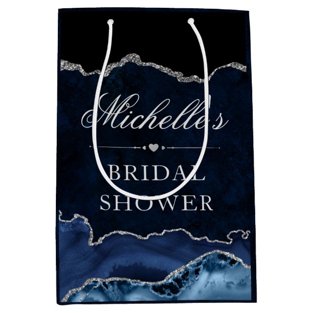 Bolsa De Regalo Mediana Purpurina azul y plateado Agate Bridal Shower (Anverso)