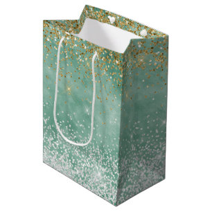 Bolsa De Regalo Mediana Purpurina de espuma de oro de glam blanco de menta
