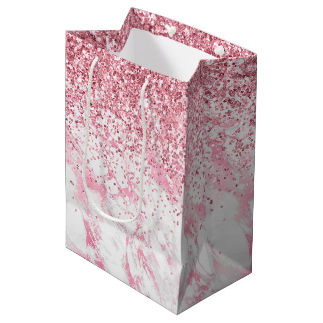 Bolsa De Regalo Mediana Purpurina de Mármol Blanco Rosa (Angulo Anverso)