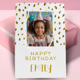 Bolsa De Regalo Mediana Purpurina de moda Gold Faux Birthday Chica Foto