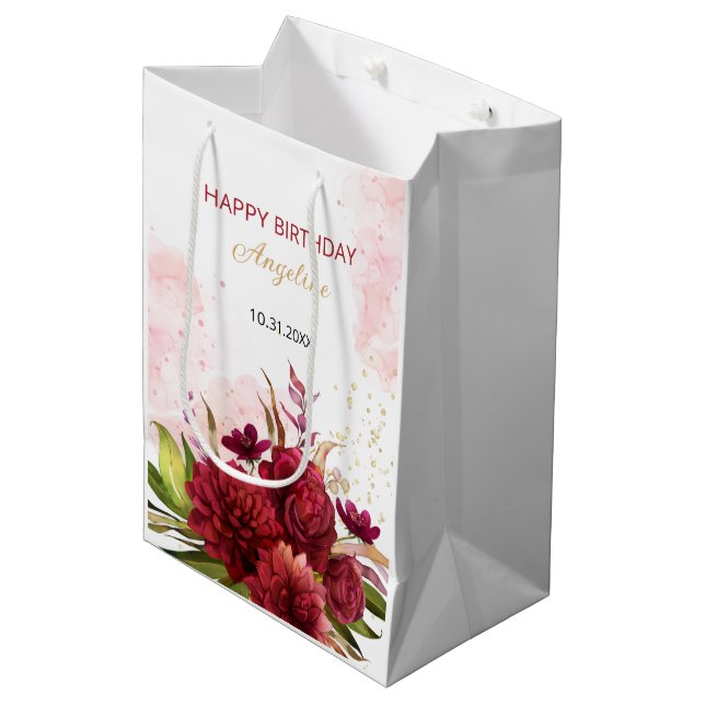 Bolsa De Regalo Mediana Purpurina de oro Burgundy Dahlia Rosa Floral Cumpl (Angulo Anverso)