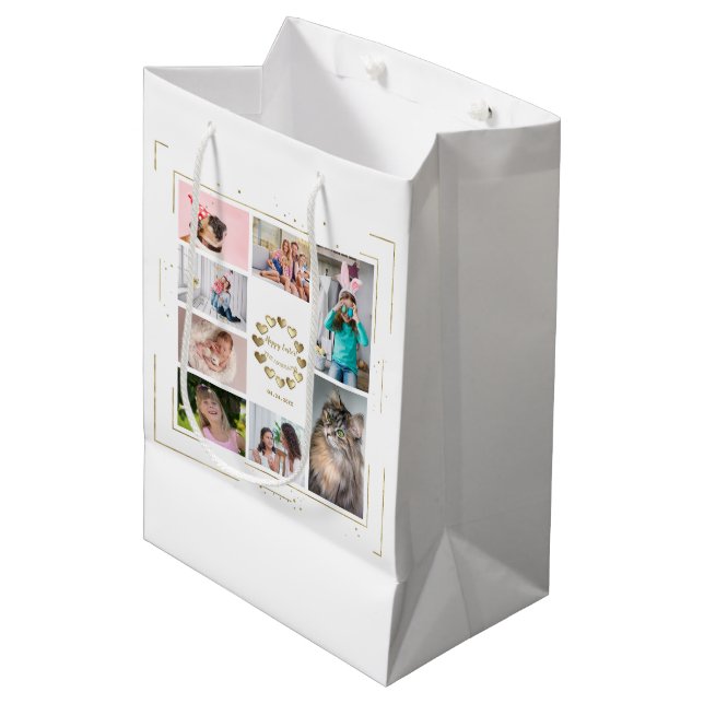 Bolsa De Regalo Mediana Purpurina de oro Collage de fotos familiar feliz P (Angulo Anverso)