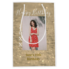 Bolsa De Regalo Mediana Purpurina de oro feliz año de la foto del 15 cumpl