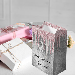 Bolsa De Regalo Mediana purpurina de plata de 21 años gotea monograma rosa