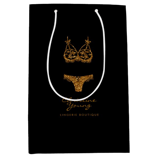 Bolsa De Regalo Mediana Purpurina Dorado Lingerie Boutique Logo Business (Anverso)
