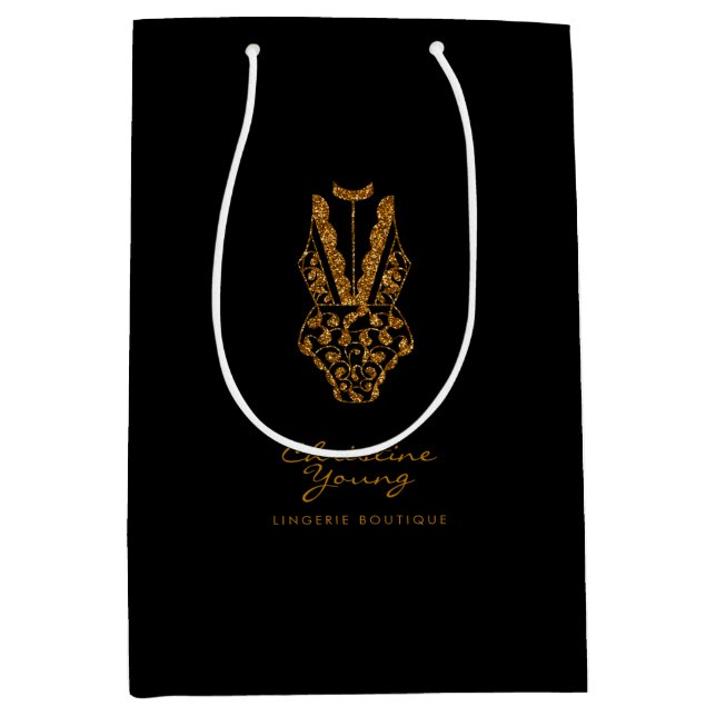 Bolsa De Regalo Mediana Purpurina Dorado Lingerie Boutique Logo Business M (Anverso)