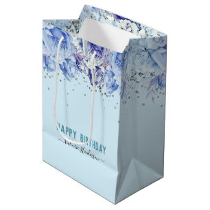 Bolsa De Regalo Mediana Purpurina floral Luz Azul Feliz cumpleaños