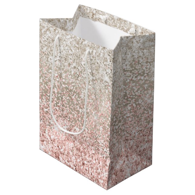 Bolsa De Regalo Mediana Purpurina Glitzy Blanco Rosa de Oro Champagne (Angulo Anverso)