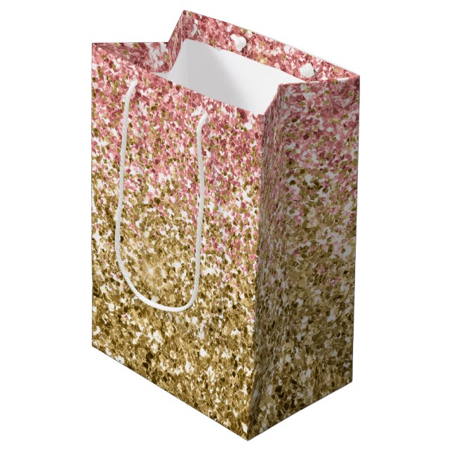 Bolsa De Regalo Mediana Purpurina Glitzy Gold Pink Sparkle (Angulo Anverso)