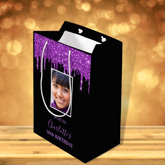Bolsa De Regalo Mediana Purpurina morado negro de cumpleaños gotea foto (Subido por el creador)