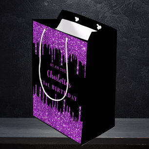 Bolsa De Regalo Mediana Purpurina morado negro de cumpleaños gotea monogra