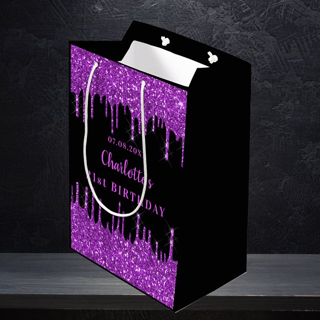 Bolsa De Regalo Mediana Purpurina morado negro de cumpleaños gotea monogra (Subido por el creador)