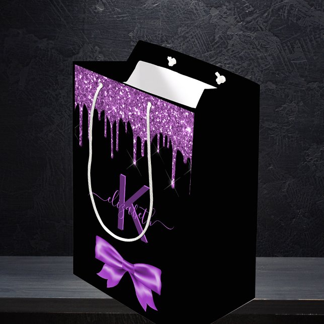 Bolsa De Regalo Mediana Purpurina morado negro monograma gracias favor (Subido por el creador)