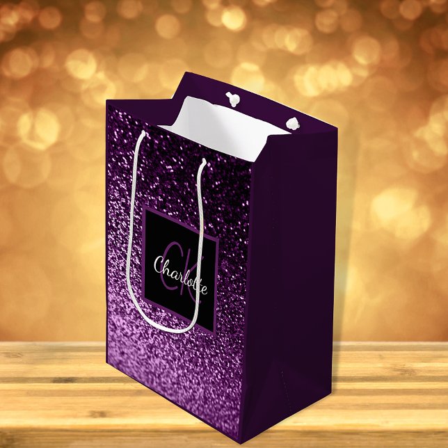 Bolsa De Regalo Mediana Purpurina morado púrpura  monograma lujo (Subido por el creador)