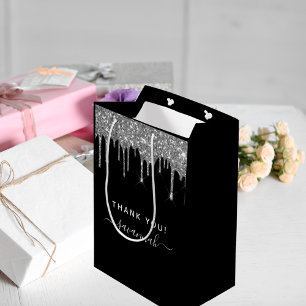 Bolsa De Regalo Mediana Purpurina negro de plata de cumpleaños gracias fav