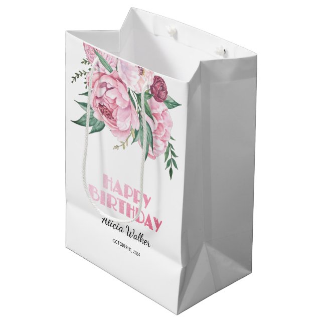 Bolsa De Regalo Mediana Purpurina Pink Peony Floral Greeneration Cumpleaño (Angulo Anverso)
