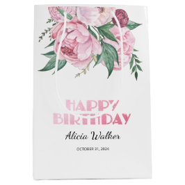 Bolsa De Regalo Mediana Purpurina Pink Peony Floral Greeneration Cumpleaño