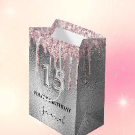 Bolsa De Regalo Mediana Purpurina plateado Quinceanera gotea monograma ros