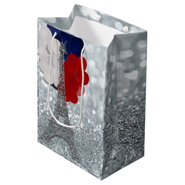 Bolsa De Regalo Mediana Purpurina plateado Torre Eiffel Fiesta Azul Blanco (Angulo Anverso)