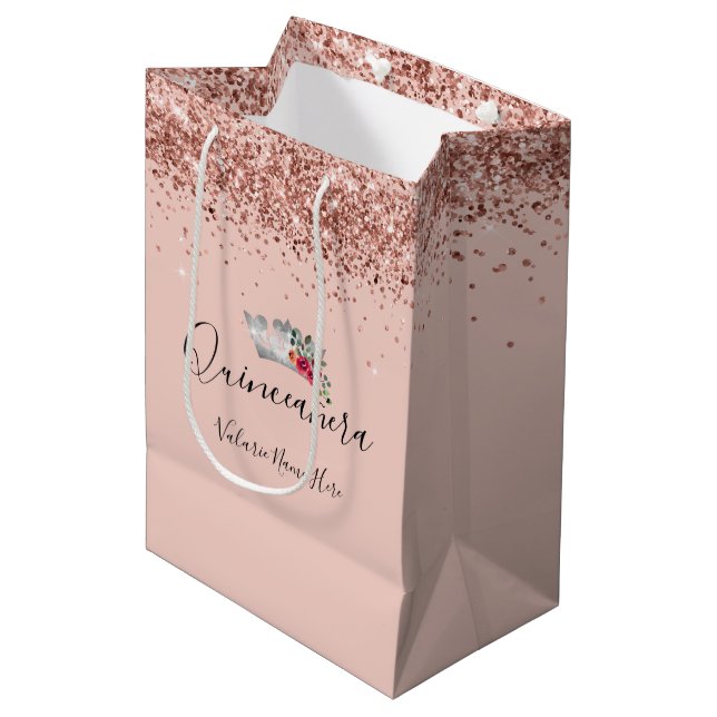 Bolsa De Regalo Mediana Purpurina rosa bonito Quinceanera (Angulo Anverso)