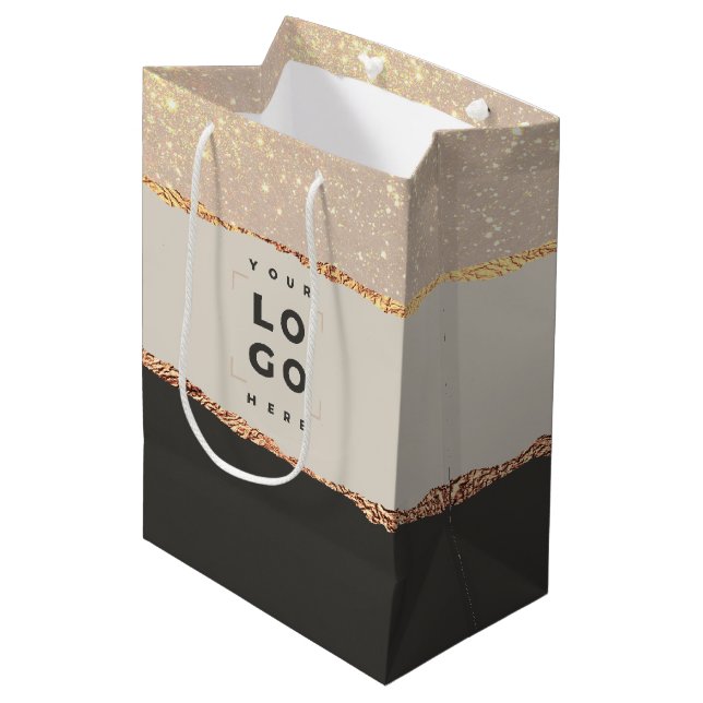 Bolsa De Regalo Mediana purpurina Rosa de oro negro elegante logo de presu (Angulo Anverso)