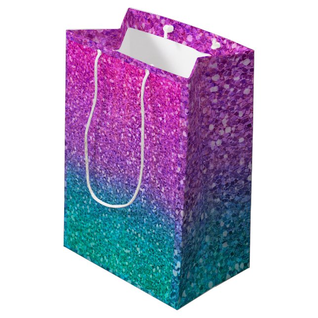 Bolsa De Regalo Mediana Purpurina rosa Verde azulado Aqua Blue & Purple Sp (Angulo reverso)