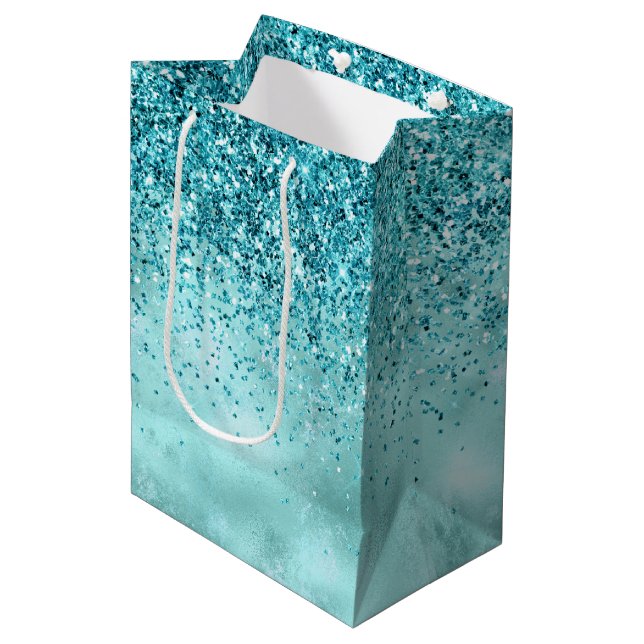Bolsa De Regalo Mediana Purpurina Turquoise Aqua Gold Glam (Angulo Anverso)