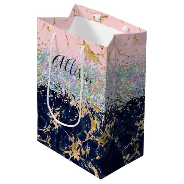 Bolsa De Regalo Mediana Purpurina y mármol personalizado (Angulo Anverso)