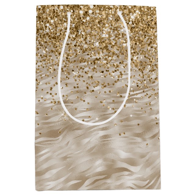 Bolsa De Regalo Mediana Purpurina Zebra Print Faux Gold (Anverso)