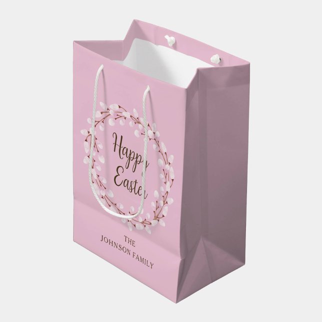 Bolsa De Regalo Mediana Pussy Willow Feliz Pascua (Cute Pink Pussy Willow Happy Easter Medium Gift Bag)