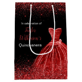 Bolsa De Regalo Mediana Quinceanera Brillante Vestido Rojo Faux Purpurina