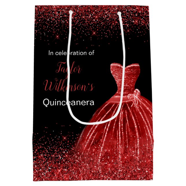 Bolsa De Regalo Mediana Quinceanera Brillante Vestido Rojo Faux Purpurina (Reverso)